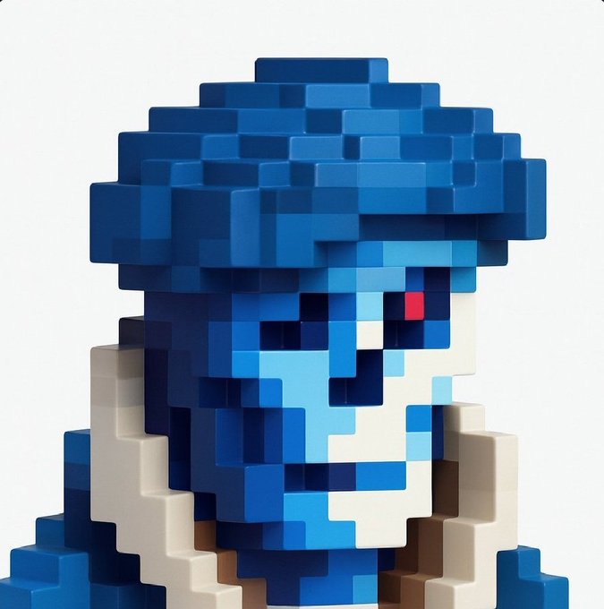 A voxel-style 3D rendered character with blue hair, blue skin, a single red eye, and a cream-colored jacket that appears to be a custom NFT from the Genuinely Undead collection (#7571) displayed on OpenSea.