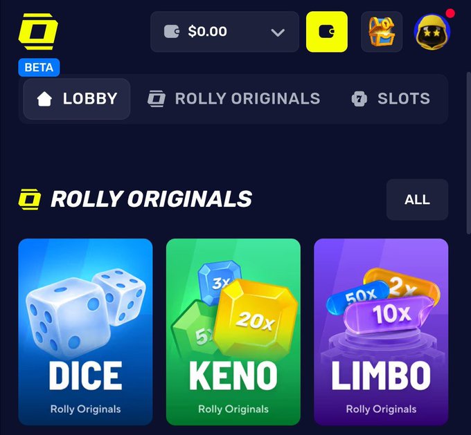 A screenshot of a 'ROLLY ORIGINALS' gaming lobby interface featuring game options for Dice, Keno, and Limbo with colorful icons and a $0.00 balance.