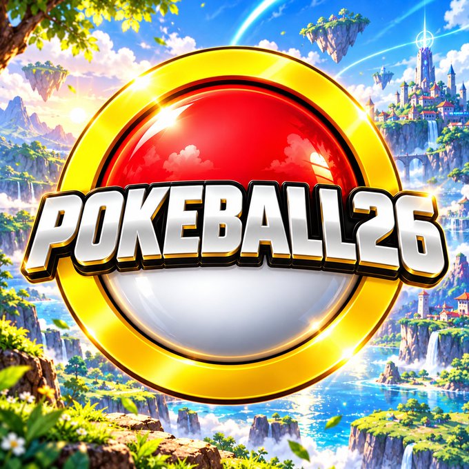 A colorful fantasy landscape with floating islands surrounds a red-and-white ball emblem framed by a yellow ring. Large text across the center reads “POKEBALL26.”