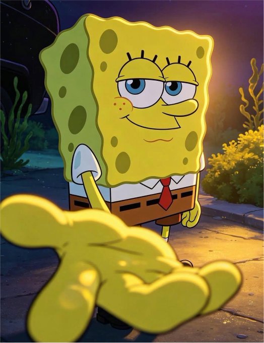 An illustrated SpongeBob SquarePants character reaching out with a hand, set against a twilight background with foliage.