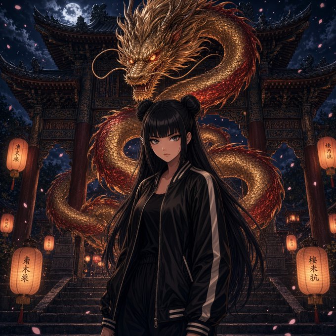 An anime-style illustration shows a young woman with long dark hair in twin buns wearing a black jacket, standing before an elaborate Asian temple with a large golden Chinese dragon coiling behind her under a full moon.