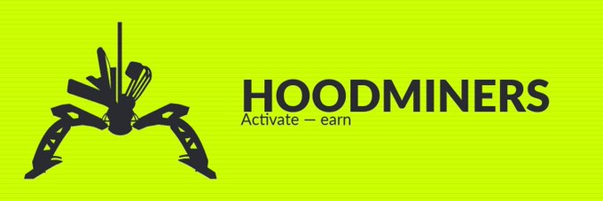 The image displays a vibrant green banner featuring the "HOODMINERS" logo with a stylized black illustration of a mining apparatus, accompanied by the tagline "Activate — earn." The design visually reinforces the post's message about Hood Miners being launched on Robinhood Chain with 5,000 unique miners that activate to accumulate rewards via smart wallets.