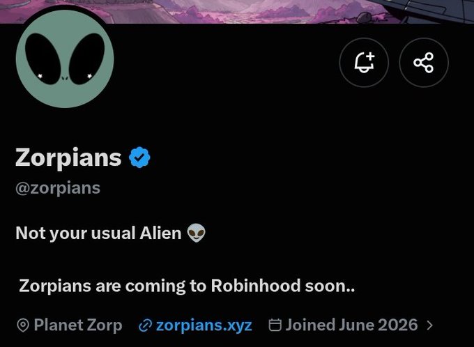 A verified Twitter/X profile for "Zorpians" (@zorpians) with an alien avatar, displaying the bio "Not your usual Alien. Zorpians are coming to Robinhood soon.." and indicating they joined June 2026. The profile relates to the post about the 4,000-supply NFT collection that assigns each holder one of 12 real companies, with the treasury purchasing corresponding shares.