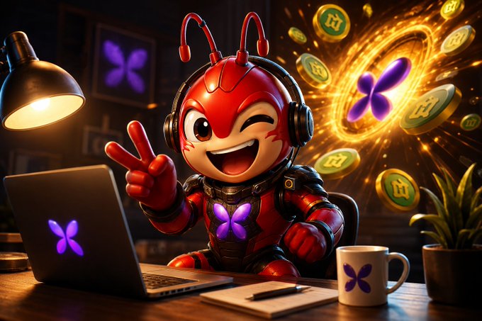 A 3D-rendered cartoon of a red ant-like character wearing headphones and holding up a peace sign while using a laptop, surrounded by floating gold coins with purple X symbols.