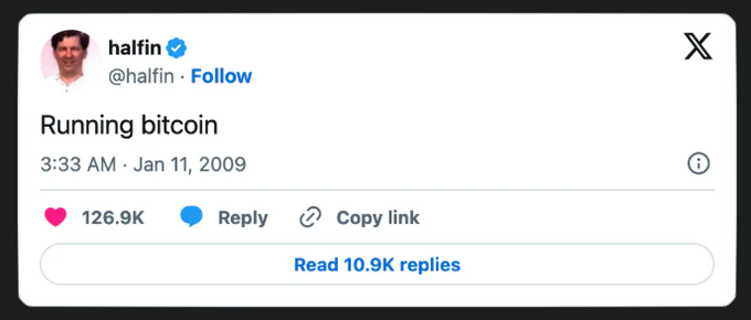 A screenshot of Hal Finney's iconic January 11, 2009 tweet "Running bitcoin" with 126.9K likes, referenced alongside a post highlighting the date's numerological significance (1/11/2009, where the digits sum to 11)—seen by some as the symbolic "genesis" moment of Bitcoin being announced just one day after the Bitcoin network launched.