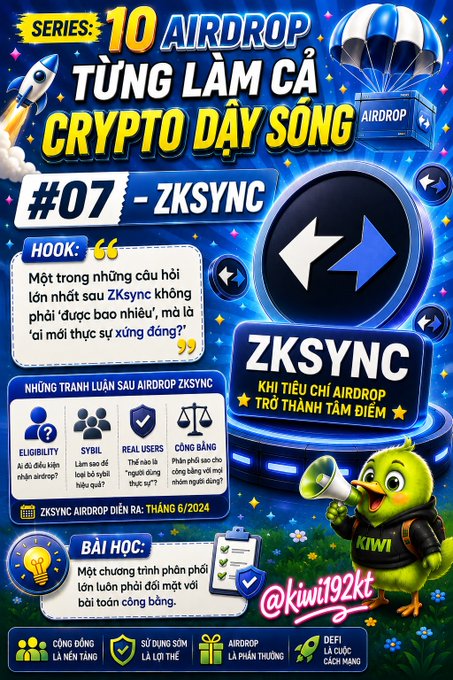 A colorful Vietnamese-language promotional graphic advertises a 'ZKSYNC' crypto airdrop series titled 'TUNG LÀM CẢ CRYPTO DÂY SỐNG' (#07), featuring illustrations of a rocket, parachute, and a green bird mascot labeled 'KIWI' with the handle '@kiwii92kt'.