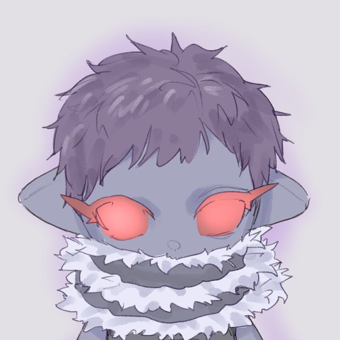 A digital illustration of a gray-skinned character with purple hair, pointed ears, and glowing pink eyes, wearing a fluffy white ruffled collar. The artwork represents a custom character created by artist MAcciNFT for the GRIT.rh NFT project, as referenced in the post.