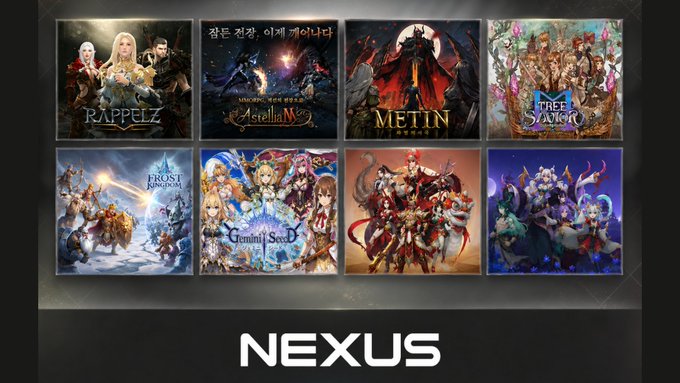 The image showcases a promotional lineup of eight game titles—including Rappelz, Stella Metaverse, Metin, Tree of Savior, Frost Kingdom, Gemini Seed, and two additional games—branded under the "NEXUS" platform, aligning with the post's announcement of nine diverse games (MMORPGs, an SLG, collectible RPGs, and a card battler) launching throughout the year, with Frost Kingdom highlighted as the flagship Web3 SLG.