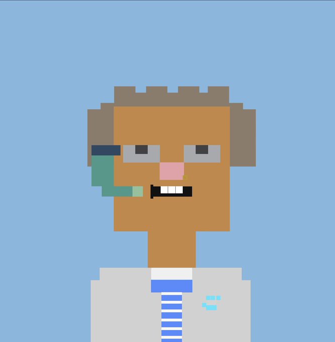 A pixel art portrait of a brown-skinned character with a flat-top haircut, wearing a white shirt and blue striped tie, and smoking a teal pipe.
