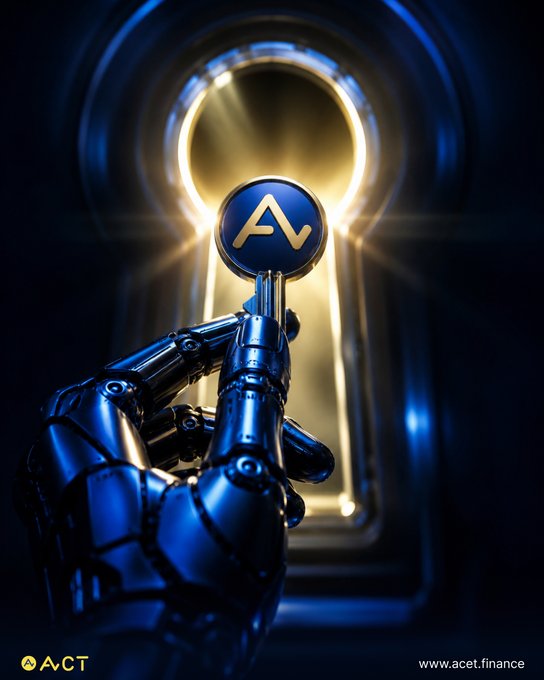 A digital artwork of a robotic hand holding an 'AV' coin in front of a glowing keyhole, branded with the AvCT logo and 'www.acet.finance'.