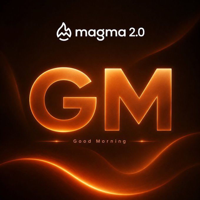 A glowing orange 'GM' (Good Morning) graphic with the 'magma 2.0' logo and a flame icon on a dark background with flowing light waves.