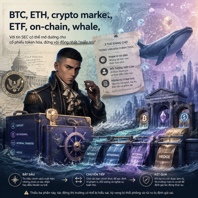 A Vietnamese-language infographic discusses 'BTC, ETH, crypto market, ETF, on-chain, whale', featuring an illustration of a man in 18th-century attire, a whale, the US Capitol, and exchange platforms detailing steps like 'PHÂM VI TẢI SẢN', 'ĐỐI TƯỢNG TIẾP CẬN', and 'NGHĨA VỤ TUÂN THỦ'.
