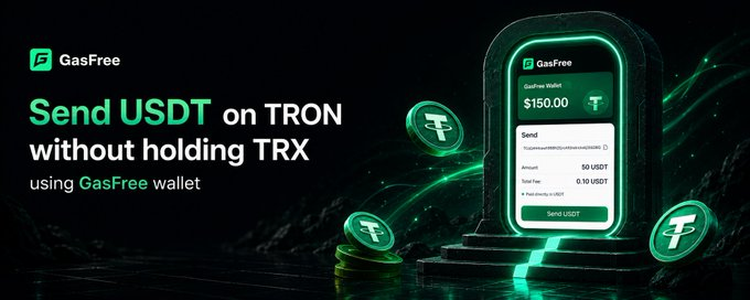 A promotional banner for the GasFree wallet shows a smartphone interface displaying a $150.00 GasFree Wallet balance with a USDT transfer screen, featuring the headline "Send USDT on TRON without holding TRX using GasFree wallet," illustrating the service's core value of enabling TRC-20 USDT transfers without requiring users to maintain a separate TRX balance for gas fees.