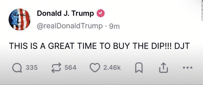 A tweet from Donald J. Trump (@realDonaldTrump) reads "THIS IS A GREAT TIME TO BUY THE DIP!!! DJT" with 335 replies, 564 reposts, and 2.46k likes, though the post references the ticker $GOOG rather than DJT.