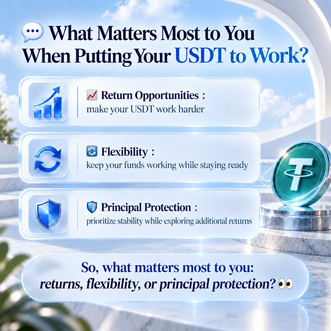 Marketing graphic asking "What Matters Most to You When Putting Your USDT to Work?" highlighting Return Opportunities, Flexibility, and Principal Protection, with a 3D rendered USDT Tether coin on the right.