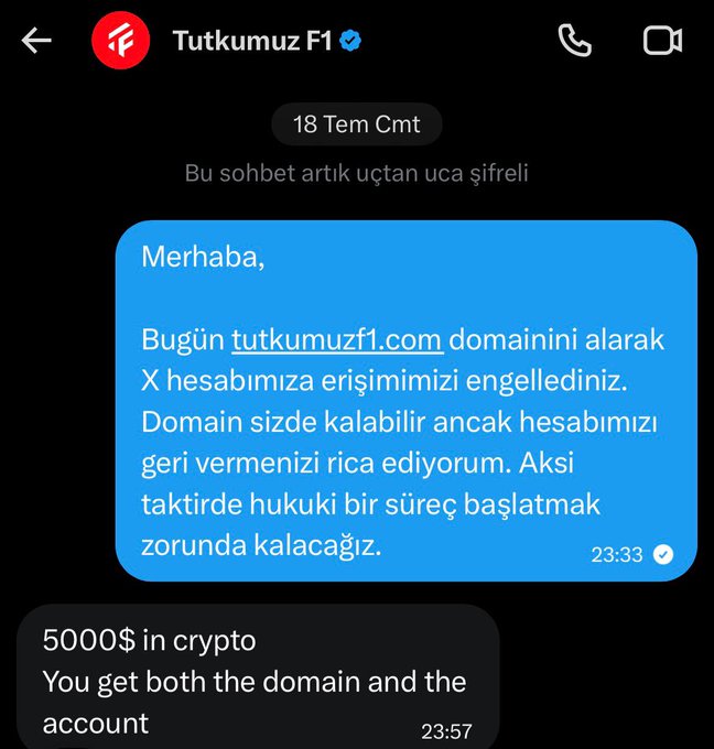 A Facebook Messenger conversation shows a message to "Tutkumuz F1" requesting return of a stolen X account and domain, followed by a reply demanding "5000$ in crypto" with "the domain and the account." The screenshot illustrates the extortion demand referenced in the account's announcement about their hacked F1 fan page.