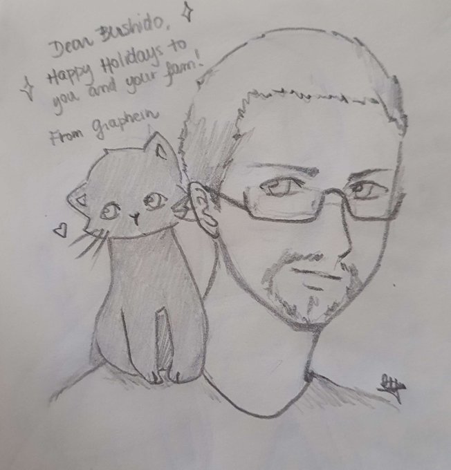 A pencil sketch showing a bald man with glasses and a goatee alongside a gray cat, with a handwritten holiday message: 'Dear Bushido, Happy Holidays to you and your fam! From Graphein.'