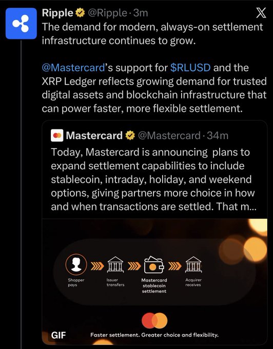 The image shows a Twitter post featuring a screenshot of a webpage titled "BREAKING: @Ripple and Mastercard are ready for FASTER SETTLEMENT!". This message implies that the user might be trying to share exciting news related to Ripple Ledger or perhaps discussing faster settlements between Bitcoin and fiat currency. The post appears to be a social media post with a focus on the crypto world, sharing an article about the benefits of using Ripple Ledger for faster settlements in comparison to traditional methods like Bitcoin.