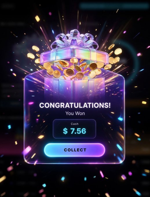 A digital rewards/notification screen showing 'CONGRATULATIONS! You Won $7.56 Cash' with a glowing gift box design, golden coins, and a purple 'COLLECT' button.