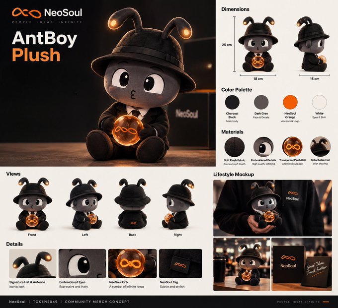 NeoSoul AntBoy Plus product specification sheet showing a black plush character with antenna wearing a hat and holding an orange orb, with dimensions of 25cm height, color palette, materials, and multiple views.