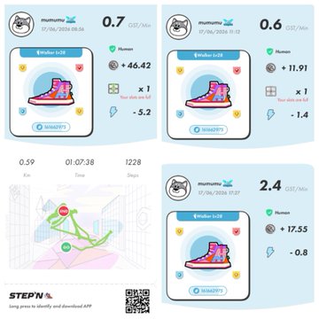 The image shows a collection of four different posts, each with its own unique content. The first post displays a pair of pink sneakers, while the second post features a blue shoe. The third post showcases a pink shoe with a cartoon cat on it, and the fourth post has a pink shoe with a cartoon cat as well. These posts are related to a step-n-walk game that is designed for adults.