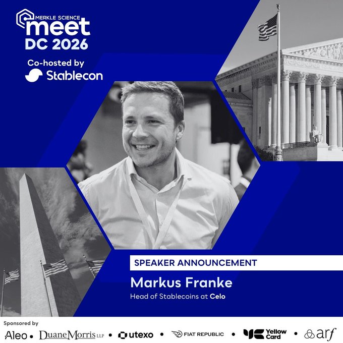 Promotional graphic for Merkle Science Meet DC 2026, co-hosted by Stablecon, announcing speaker Markus Franke, Head of Stablecoins at Celo, with sponsors including Aleo, Duane Morris, Utexo, Fiat Republic, Yellow Card, and ARF.