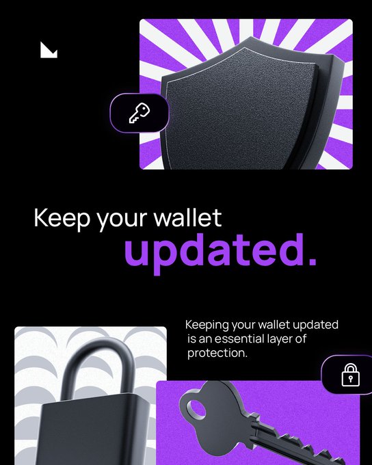 The image features a bold purple and black graphic with a shield and key icon, displaying the headline "Keep your wallet updated" and the message "Keeping your wallet updated is an essential layer of protection." The visual reinforces the post's message about software updates being a crucial part of wallet security, using imagery of shields, padlocks, and keys to symbolize protection and access control.