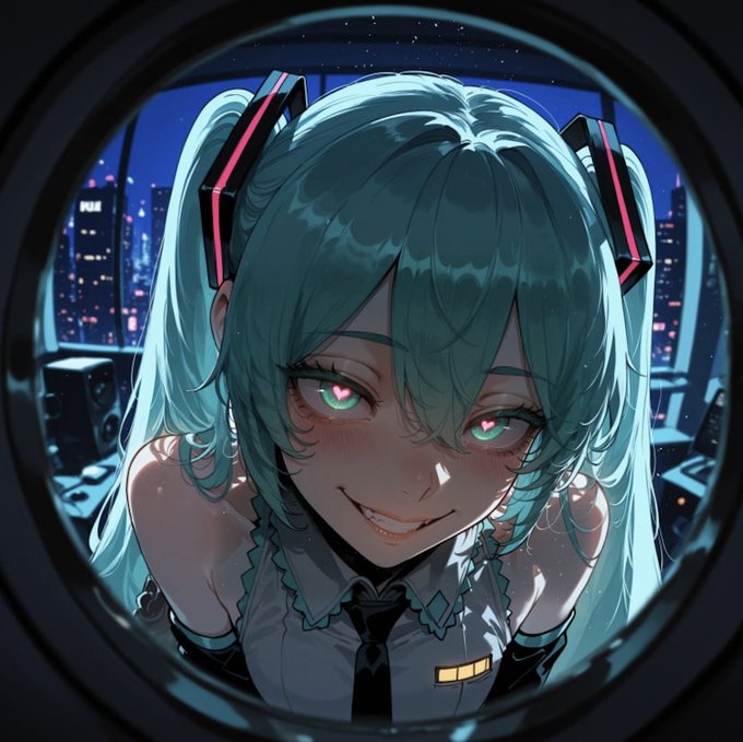 An anime-style illustration of a character with long teal hair in twin tails, green eyes, and a headset, smiling while peering through a circular frame with a nighttime cityscape in the background.
