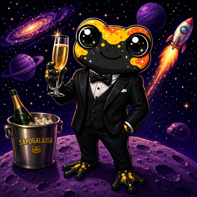 A cartoon frog character in a tuxedo holds a champagne glass while standing on a moon, with a bucket labeled 'SAPOGALAXIA' and a rocket flying past in a colorful space scene.