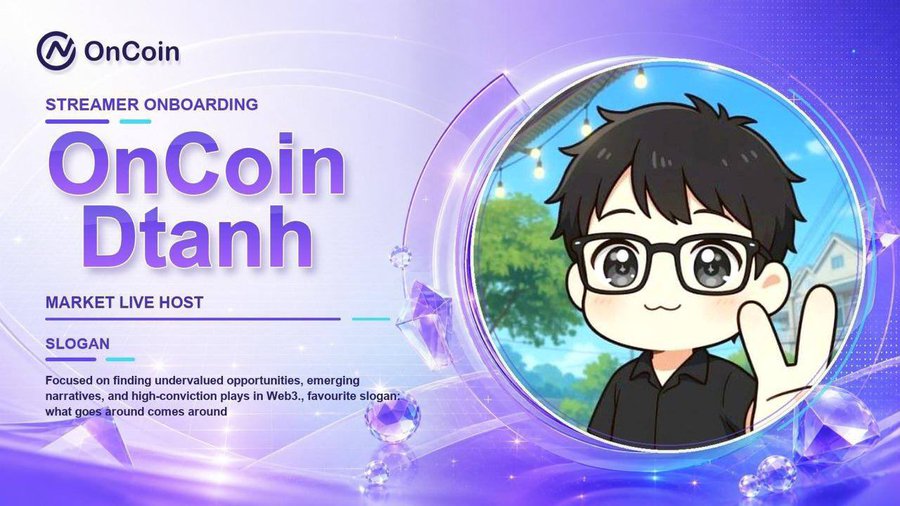 OnCoin streamer onboarding graphic for 'OnCoin Dtanh', a 'Market Live Host' with the slogan focused on finding undervalued opportunities and high-conviction Web3 plays.
