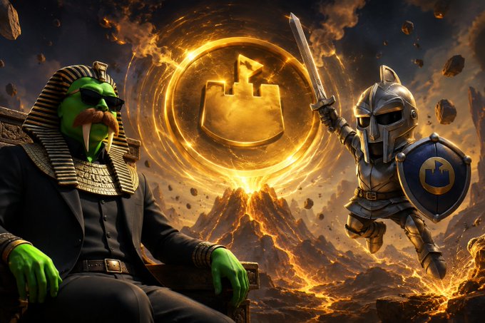 A digital fantasy illustration showing a green-skinned pharaoh figure in a dark suit and Egyptian headdress seated next to an armored knight wielding a sword, with a glowing golden logo between them against a volcanic landscape.
