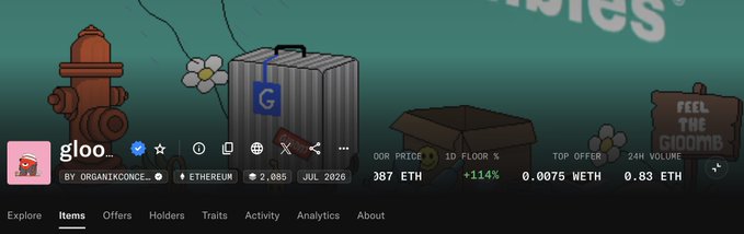 The image shows a NFT collection page for "gloo..." on Ethereum, featuring an item priced at 0.0075 ETH with a floor change of +114%, a top offer of 0.0075 ETH, and 24M volume. The accompanying post "Soon we $Gloom" appears to tease an upcoming NFT project or token launch featuring the cartoon-style artwork of a flower, suitcase with "G" logo, and a "Feel the Gloom" sign visible in the background.