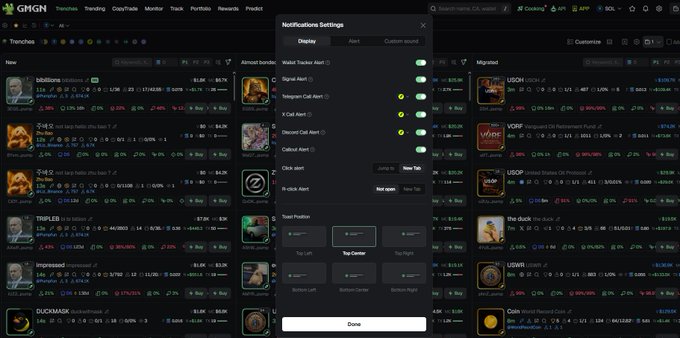 The image shows the GMGN website with a "Notifications Settings" pop-up menu displaying toggles for Twitter Tracker Alert, Signal Alert, Telegram Call Alert, X Call Alert, Discord Call Alert, and Callout Alert, all set to "Open in New Tab." The accompanying caption explains how to configure these notification settings and network filters (Solana and Robinhood) on GMGN for tracking trending tokens shared across social media platforms.