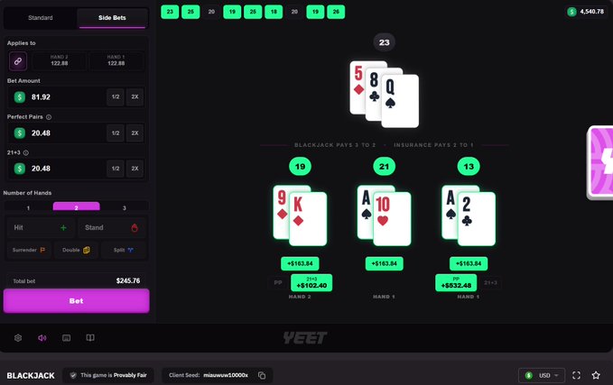 A screenshot of a Blackjack game on YEET showing a player hand of 5, 8, Q totaling 23 (a bust), alongside two winning Perfect Pairs hands of 9/K and A/10/A/2 with payouts of $102.40 and $5,632.48 respectively, demonstrating the gambling wins referenced in the promotional giveaway post.