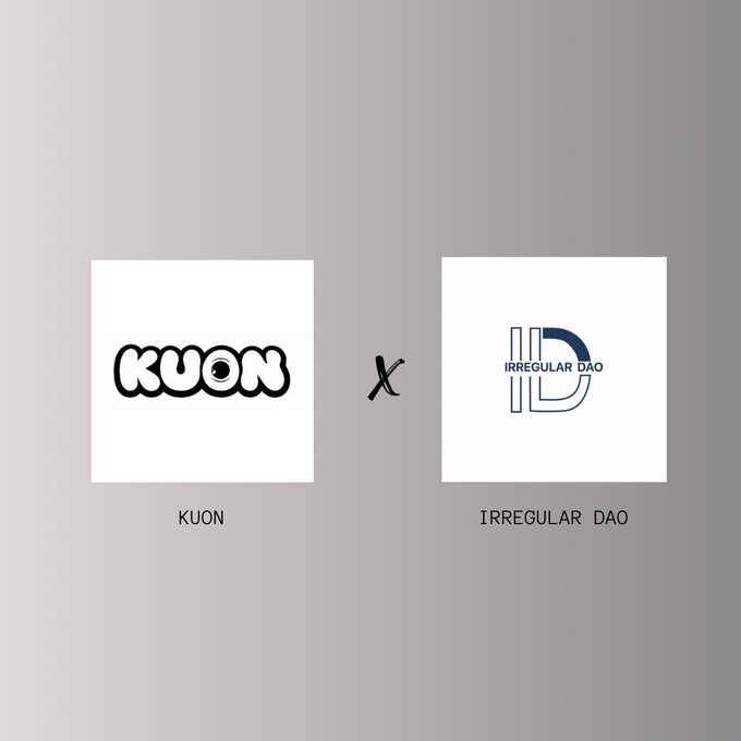 A minimalist collaboration graphic featuring the logos of 'KUON' (in bubble-style font) and 'IRREGULAR DAO' (with an ID monogram) separated by an 'x' on a gray gradient background.