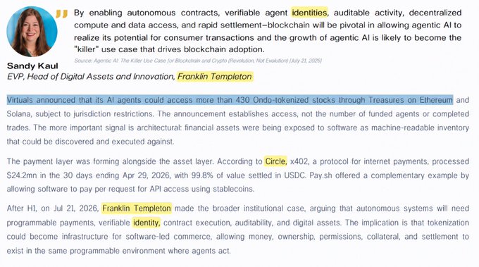 An article excerpt featuring Sandy Kaul, EVP at Franklin Templeton, discussing how blockchain will enable autonomous contracts, verifiable identities, and programmable payments for agentic AI.