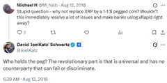 A screenshot of a Twitter exchange where Michael H (@MLHab) makes a 'stupid question' about replacing XRP with a pegged coin, and David JoelKatz Schwartz responds that pegging is a 'revolutionary' universal system without counterparty risk.