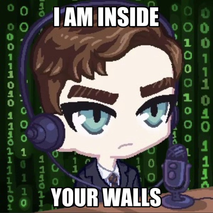 A chibi-style cartoon character wearing headphones with a microphone, set against a background of falling green binary code, with the text 'I AM INSIDE YOUR WALLS'.
