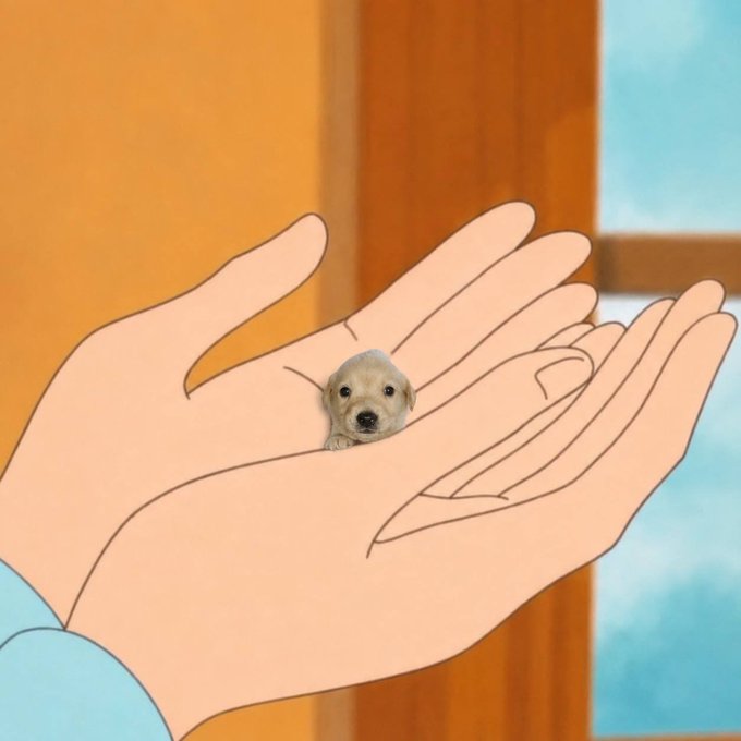 An animated illustration of two cartoon hands gently cradling a tiny golden puppy.