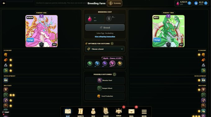 A 'Breeding Farm' interface from a dragon-themed game showing two dragons (#1619 pink and #1647 green) with breeding cost, Luna Egg/Incubating options, and possible outcomes including Monster Hunt, Target Attack, and Feed Production.