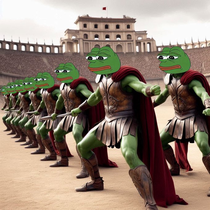 A humorous digital illustration of Pepe the Frog depicted as Roman gladiators in armor with red capes, lined up in formation in a colosseum arena.