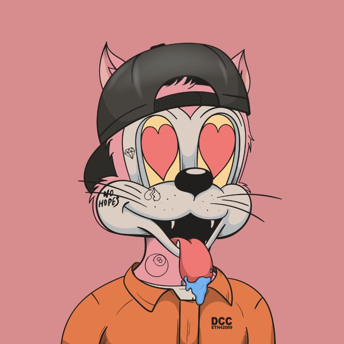 An animated cartoon character resembling a cat or rabbit wearing a black backwards cap and orange prison-style shirt, with heart-shaped eyes, a diamond on its face, and a long tongue drooling blue drool; it has a 'NO HOPE' tattoo and the text 'DCC ETH42069' on its shirt.