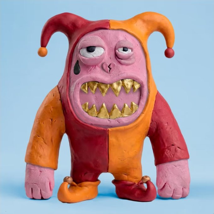 A claymation-style sculpture of a grotesque pink and orange jester-like monster with droopy horns, a wide mouth full of jagged gold teeth, and a black tear under one eye, set against a light blue background.