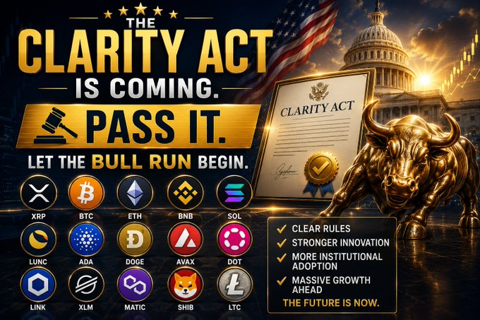 The image is a promotional graphic urging passage of the "CLARITY Act," featuring a golden bull, the U.S. Capitol, an American flag, and the document itself, alongside logos of cryptocurrencies including XRP, BTC, ETH, BNB, SOL, LUNC, ADA, DOGE, AVAX, DOT, LINK, XLM, MATIC, SHIB, and LTC, with bullet points promising "Clear Rules, Stronger Innovation, More Institutional Adoption, Massive Growth Ahead." It visually amplifies the post's call to action, "The CLARITY Act is coming. Pass it. Let the BULL RUN begin," tying the legislation directly to bullish momentum for the listed crypto tickers like $XRP, $BTC, $ETH, and $SHIB.