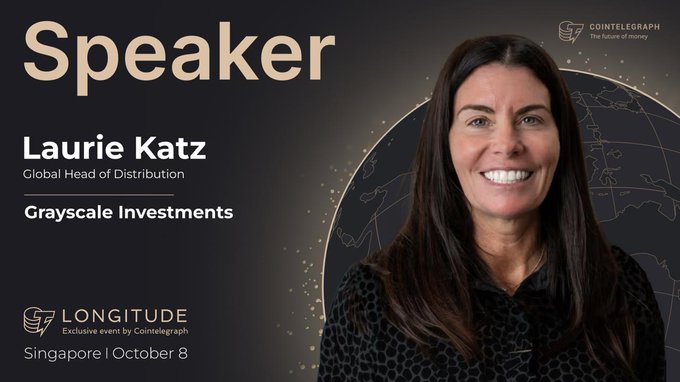 A promotional speaker announcement graphic for Cointelegraph's Longitude event in Singapore (October 8), featuring Laurie Katz, Global Head of Distribution at Grayscale Investments, shown smiling in a professional headshot against a dark background with a globe graphic.