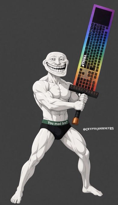 A muscular grayscale troll meme figure wearing "You mad bro?" underwear wields a giant rainbow keyboard labeled "TROLL" like a sword, channeling the iconic "You mad bro?" and "Trollface" meme themes to promote the $TROLL token in full meme-warrior mode.