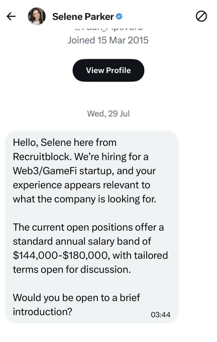 A screenshot of a message from Selene Parker, dated 15 Mar 2015, offering a Web3/GameFi startup job opportunity with a salary range of $144,000–$180,000.