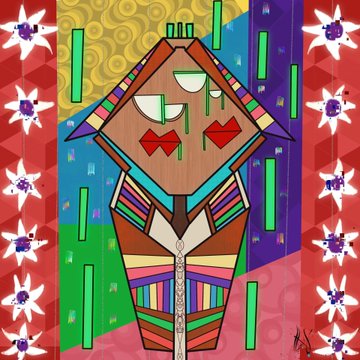 A colorful abstract painting features a stylized house-like figure with red lips and closed eyes, surrounded by white floral patterns on a patterned background.
