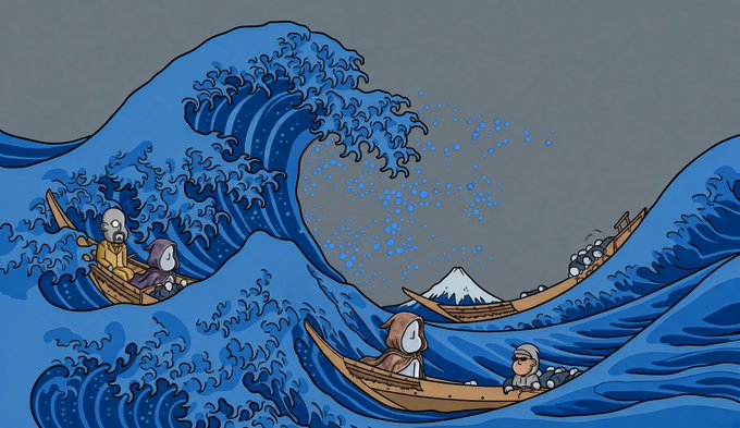 An animated parody of Hokusai's "The Great Wave off Kanagawa" featuring penguin characters navigating small boats through massive blue waves.