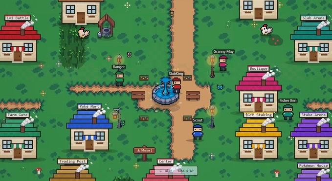 A pixel-art Pokémon-style town map featuring various labeled buildings and NPCs, including "Slab Arena," "Granny May," "Poke Mart," and "Center," with the post noting the presence of graded slabs in this nostalgic game-inspired setting.